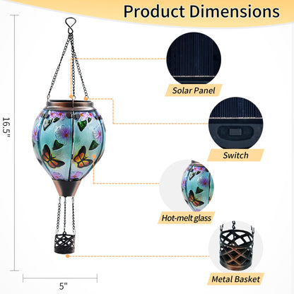 TEYIGARDEN Hot Air Balloon Solar Lantern with Flickering Flame, Glass Hanging Garden Lights Outdoor Waterproof for Tree Yard Patio Mother's Day Gift, 18" H Butterfly