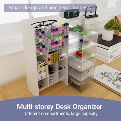 White Plastic Desktop Organizer – Stackable Office Desk Supplies Storage, Stationary,Marker,Crayon Organizer with Drawer – Perfect for Office, School, or Makeup Storage