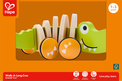 Hape Wooden Walk-A-Long Croc for Babies| Pull & Pull Walking Toy for Toddlers 12 Months and Up