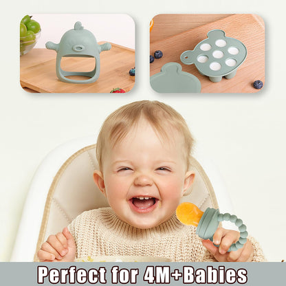 Gedebey 3-in-1 Baby Food & Fruit Feeder Set – Breastmilk Popsicle Mold with Freezer Tray, Teething Relief Toy, BPA Free Infant Silicone Feeding Combo, 3 Bonus Sizes (S/M/L) Sacs (Pea Green)