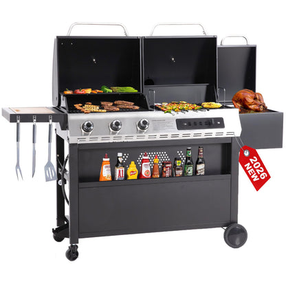 3-Burner Gas and Charcoal Grill Combo with Offset Smoker, 30,000 BTU Dual Fuel Grill, 839 Sq. In. Cooking Area BBQ Grill, Ideal for Outdoor Cooking Patio Backyard Balcony