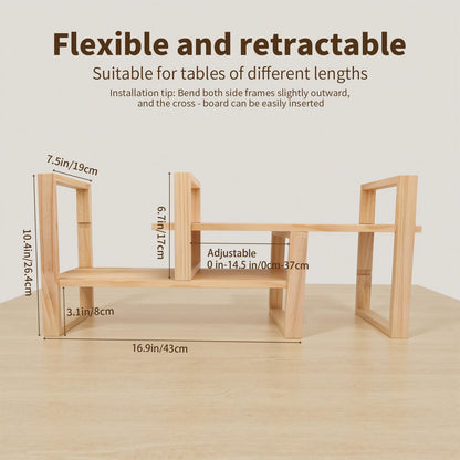 Desk Shelf, 100% Solid Wood Adjustable Desktop Bookshelf, No Tools or Nails Required Retro Tabletop Bookshelf, 130lb Load Capacity for Living Room, Office, for Books, Cookbooks,Nature Pine Color