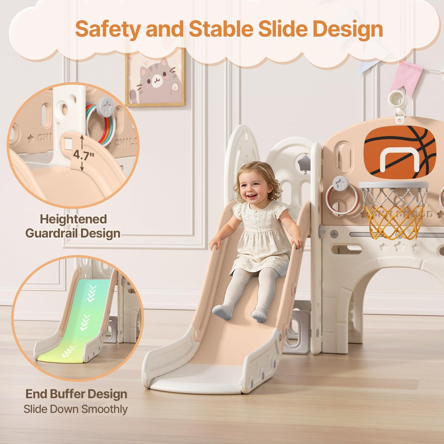BIERUM 9 in 1 Toddler Slide, Baby Slide for Toddlers Age 1-3 with Ring Toss, Basketball Hoop and Telescope, Indoor Outdoor Playset Playground Beige Coffee