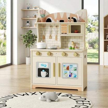 Wooden Play Kitchen for Ages 3-8 Babies, Cat Design Kitchen Playset with Microwave, Stove, Sink, Clicking Knobs, Kids Children Pretend Toy for Boys Girls, White