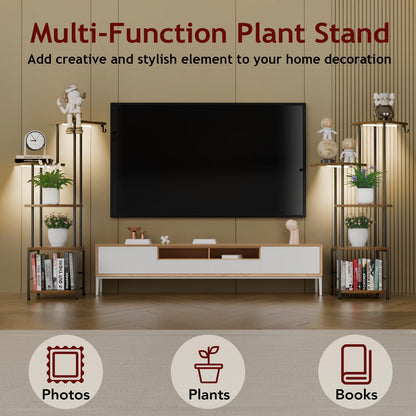 Homsorout Plant Stand Indoor with Grow Light - 5-Tier Metal Plant Shelf with Hanging Basket Hook, Corner Tall Flower Holder for Multiple Plants, Living Room Balcony Garden Patio, Rustic