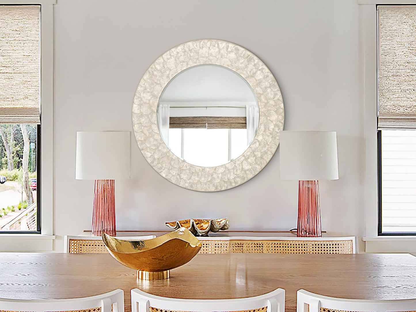 Autdot Capiz Shell Round Mirror, 30'' Coastal Mirror with Natural Capiz Seashell Frame, Decorative Circle Wall Mirrors for Living Room Mantel Bathroom Entryway