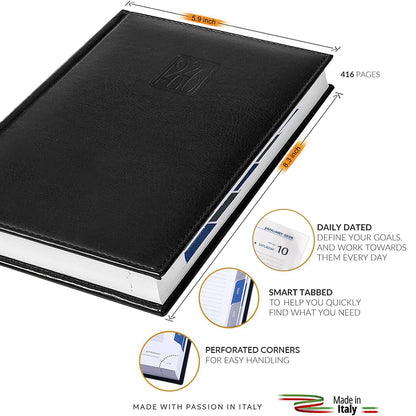 Leather Executive Daily Planner 2026 – A5-Compatible (8.3 x 5.9 in), One Page per Day Hourly Business Agenda, 416 Pages, Monthly Tabs, Hardcover – Made in Italy (BLACK 2026)