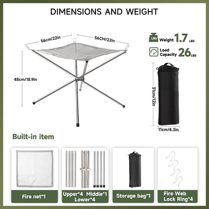 Upgraded 22 Inch Portable Fire Pit for Camping, Collapsible Fire Pits for Outside Wood Burning, Smokeless Firepit, Lightweight Stainless Steel Firepit for Campfire, Camping, Barbecue, Patio- 1.76 lbs