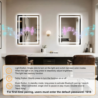 Olyvren 20"x28" LED Bathroom Mirror with Lights,Bluetooth Dual Speaker,Anti-Fog,3 Color Temperature,Dimmable Brightness,Memory Function,Waterproof,Wall Mount Design,Tempered Glass