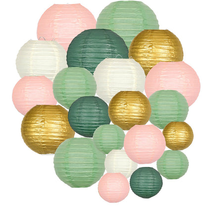 ADLKGG Paper Lanterns Decorative, Hanging Paper Lantern Decorations for Valentines Day Decorations Graduation Wedding St. Patrick's Day Neutral Baby Shower Home Decor Sage Green/Pink/Gold 21pcs