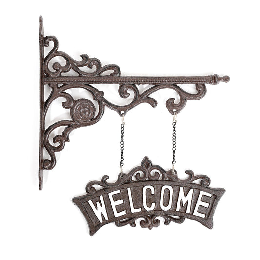 Sungmor Vintage Cast Iron Hanging Welcome Sign, Ornate Wall Bracket Hanger Outdoor Welcome Plaues, Rustic Wall Mounted Front Door Hanging Sign, Decorative Garden Yard Sign