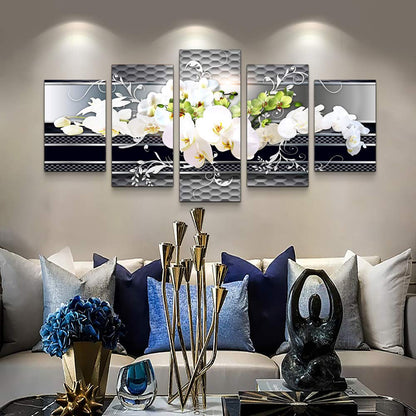 5 Piece Wall decor Canvas art for living room Picture Butterfly Orchid Flowers Contemporary Black White Abstract prints Modern Home bedroom Wall decorations inspirational wall art posters artwork