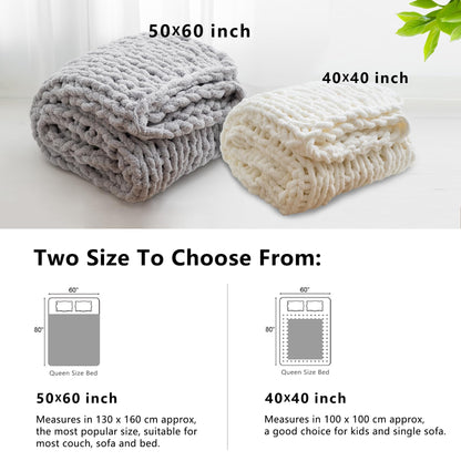 WESHIONGOO Chunky Knit Blanket Throw 40"×40" Knitted Throw Blankets for Couch Bed Fluffy Soft Blanket with Jumbo Chenille Yarn Thick 100% Handmade (Cream White)