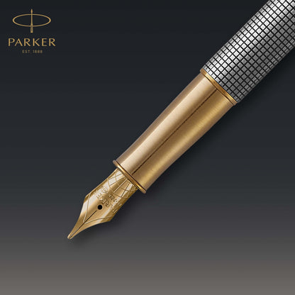 Parker Sonnet Fountain Pen Chiseled Silver with Gold Trim Solid 18k Gold Fine Nib (1931489)