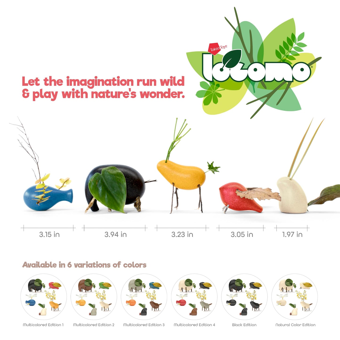 Taksa Toys Wooden Animal Figures Locomo Family III for Nature-Loving Kids, Trigger Boys Girls Creativity, Sensory Outdoor Toys for Ages 3 4 5 6 7+ Year Old, Waldorf Montessori Toy (Set of 5)