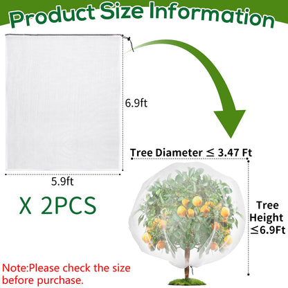 2PCS Fruit Tree Netting with Drawstring, 7 x 6ft Ultra-Fine Mesh Garden Insect & Bird Protection Cover, Breathable Reusable Tree Netting for Citrus, Apple, Peach & Shrubs