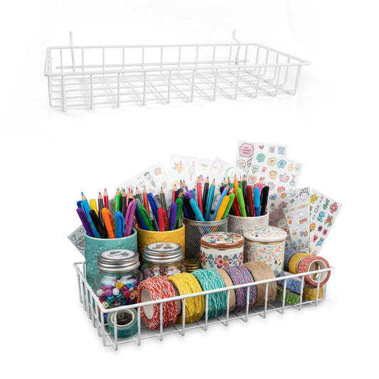 G.CORE Large Peg Board Baskets - 2 Pack Metal Shallow Tray Shelves for 1/4 Pegboards - Spray Bottle Holders Can Organizers for Garage Workbench Shop Hobby Craft Tool Organization (White)