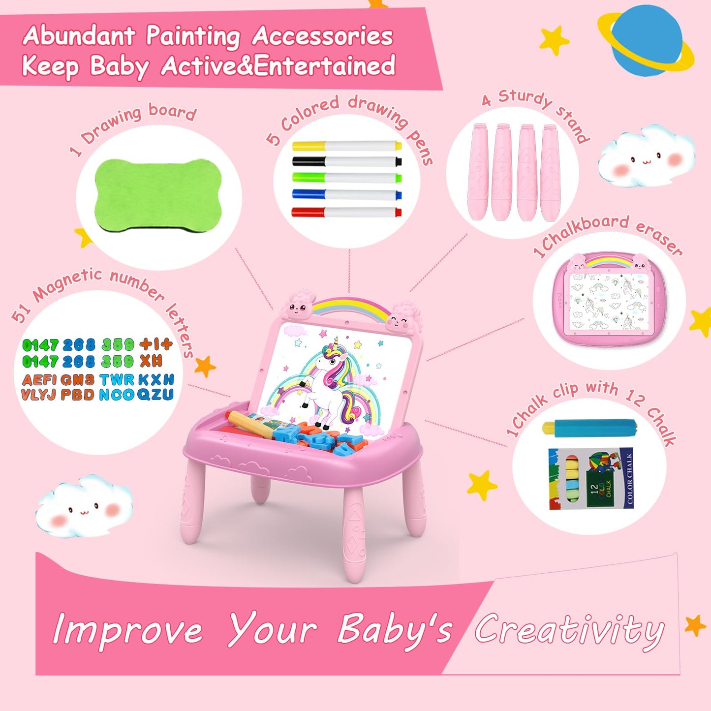 Unicorn Gift for 1-2 Years Old Girl, Girl Toys with Magnetic Letters and Numbers, Portable Doodle Board Easel, Learning and Educational Toy for 1-2 Years Old Girls (Pink)