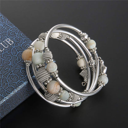 PEARL&CLUB Beaded Chakra Bangle Turquoise Bracelet - Fashion Jewelry Wrap Bracelet with Thick Silver Metal and Mala Beads, Birthday Gifts For Women(Green)