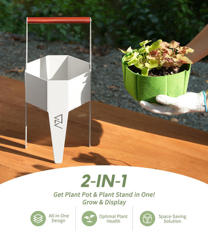 AZADESJET Planter with Stand, Metal 2 in 1 Portable Planter with Grow Bags & Handle, Stable Stylish Indoor Plant Pots with Stand, Modern Flower Pots Outdoor, 7.5'' x 17.3'', White, Plant Not Included