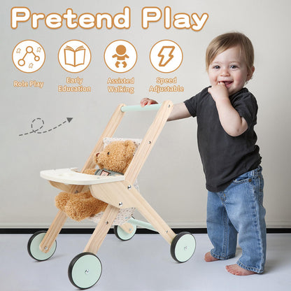 Canuan Wooden Baby Walker Doll Stroller, Baby Push Walker, Shopping Cart Learning Walk for Boys and Girls, Wood Push Toys for Toddler Learning to Walk