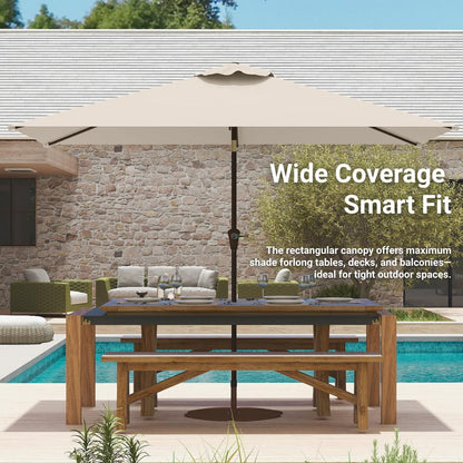 Patio Kingdom 6.5' x 10' Rectangular Patio Umbrella Large Outdoor Market Umbrella w/UV Protection, Push Button Tilt and Crank Lift, Rectangle Table Umbrella for Garden, Deck, Pool, Patio, Beige