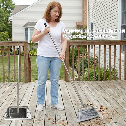 GLOYY Outdoor Broom and Dustpan Comb Set,Heavy Duty Stainless Steel Metal Dust Pan with Long Handle Commercial Stiff Bristles Broom for Home Garage Garden Patio