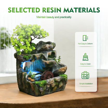 Tabletop Waterfall Fountain with Flowing Water & LED Lights – Indoor Resin Rockery Desk Fountain for Home, Office, Bedroom Relaxation & Decoration, Mini Desktop Water Featur