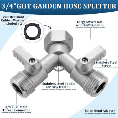 Garden Hose Splitter 2 Way Heavy Duty, 304 Stainless Steel 2Way Hose Splitter, 3/4 Inch Water Hose Splitter 2 Way, Full Flow Garden Hose Y Splitter(All Components are Stainless Steel)