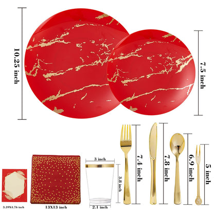 N9R 225PCS Red Gold Plastic Dinnerware Set - Disposable for Mother’s Day, Includes 25 Dinner Plates, 25 Dessert Plates, 25 Forks, 25 Spoons, 25 Knives, 25 Gold Cups, 25 Napkins & Table Cards