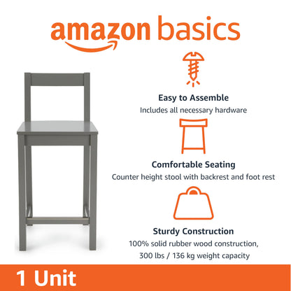 Amazon Basics Wooden Bar Stool with Backrest 24", Grey, 1 Unit