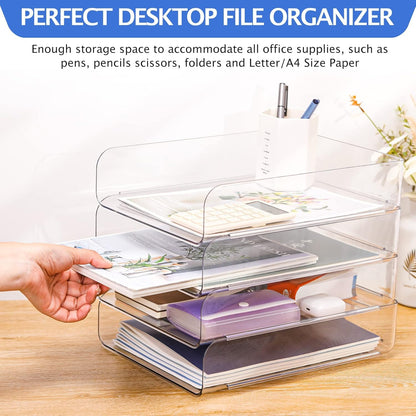 LALOBLUE Stackable Letter Tray Desk Organizer, Set of 4 Clear PET Paper & File Organizers, Document Storage for Office Supplies