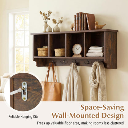 Giantex Wall Mounted Coat Rack, 28.5'' Wooden Floating Shelf with 4 Cubbies & 5 Double Hooks, Modern Space-Saving Storage Display Organizer for Entryway, Hallway, Mudroom (Rustic Brown)