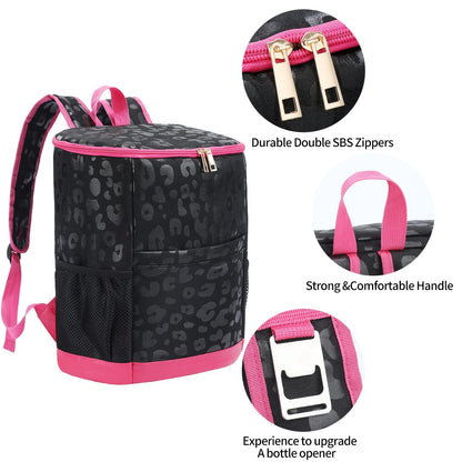 Leopard Camping Cooler Backpack Ice Chest Lunch Backpack 24 Cans Insulated Leak Proof Soft Beach Cooler Bag for Men Women Camping Hiking Picnic Travel Summer(Black Leopard)
