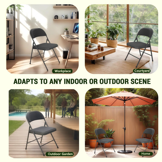 FurniEdge Padded Folding Chairs 4 Pack, PU Leather Folding Chairs for Outside and Indoor, Heavy Duty Portable Foldable Metal Chairs for Home Office, Dorm, Party, Backyard, Patio, Black