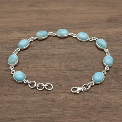 DESIGN HUB Larimar Bracelet 925 Sterling Silver | Handmade Oval Gemstone Bracelet for Women & Men | Adjustable 7-8 Inch Ocean Blue Jewelry | Unisex Artisan Gift | Women Gift for Her