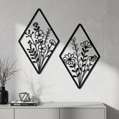 PullCrease 2 Pcs Metal Wall Art, Metal Flower Wall Decor, Modern Floral Art for Living Room, Bedroom, Bathroom, Rustic Farmhouse Decor, Sculpture Kitchen Decoration (Black)