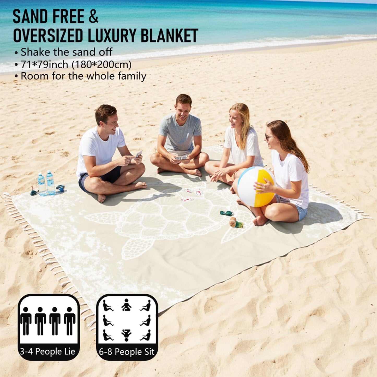 Yongoes Oversized Turkish Beach Towel Blanket Cotton Giant XL Sandproof Towels Huge Linen XXL Extra Large Big Throw Quilt Blankets for Adults Beige Turtle
