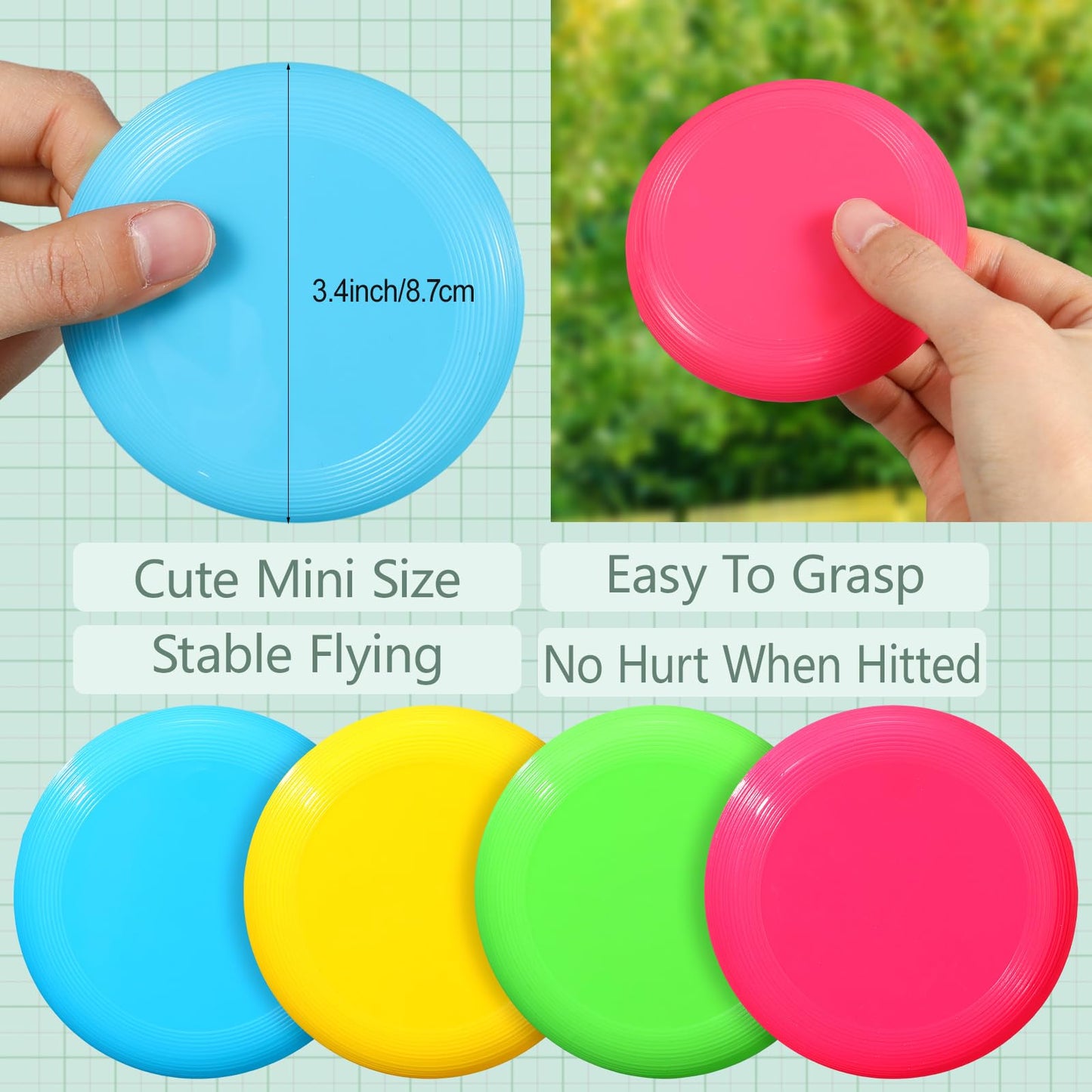 Hiboom Kids Flying Discs 3.4 Inch Mini Flying Disks Bulk Flyer Toy for Outdoor Pets Dog Yard Lawn Games Party Kindergarten Teaching Favors, 4 Colors (12 Pcs)