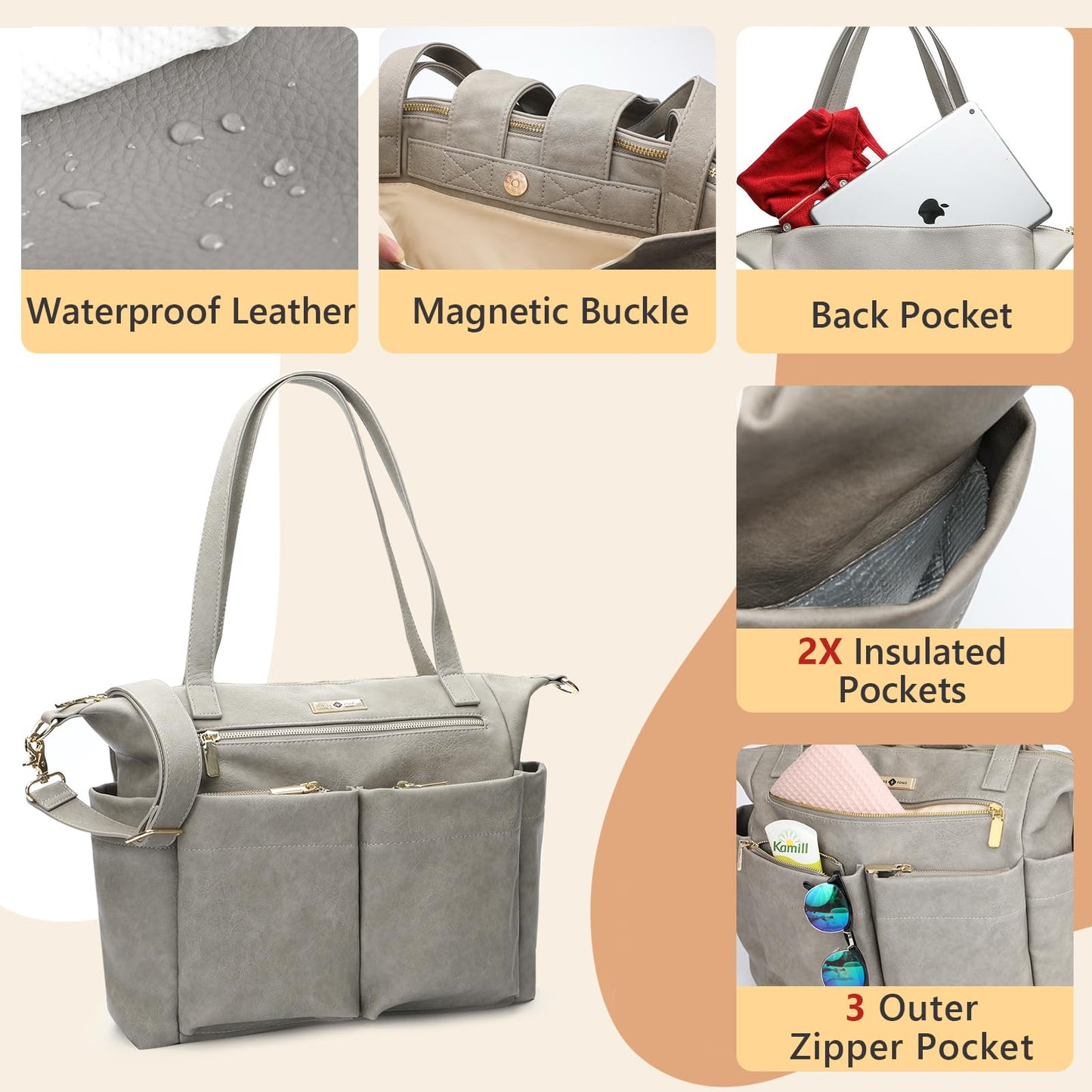miss fong Diaper Bag Tote Baby Bag Leather Diaper Backpack Large Diaper Tote Bag for girls & boys Diaper Bag Purse with 11 Pockets,Changing Pad, Stroller Straps,4 Insulated Pockets