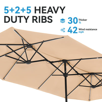 GREEN PARTY 13 ft Rectangle Patio Umbrella with Solar Lights, Double-Sided Market Table Umbrella with Crank, Large Outdoor Umbrellas for Patio Poolside Garden Backyard, Beige