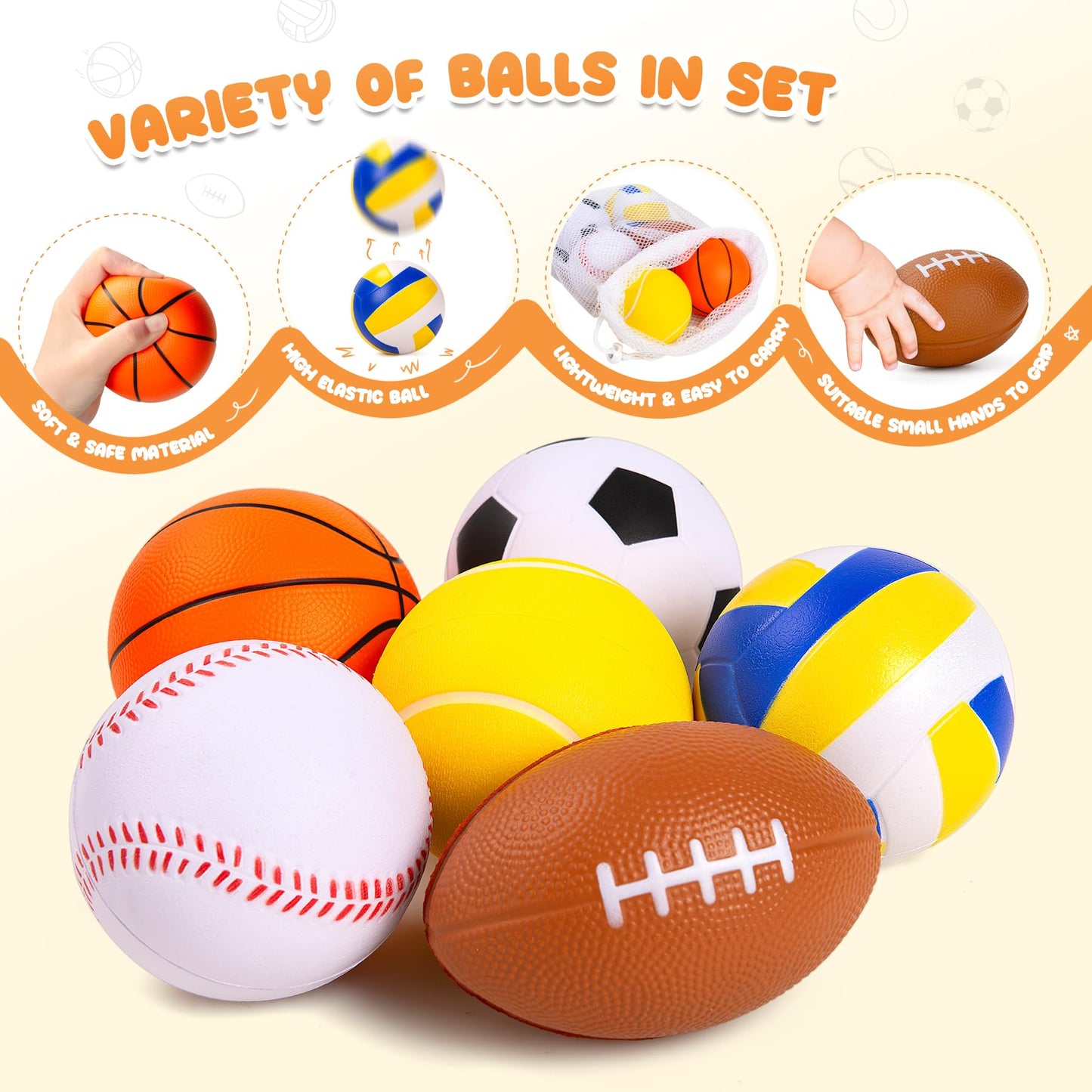Innotoys Balls for Toddlers Babies, Soft Baby Toys, 6 Pack 3.5" Foam Balls Kids Sports Set, Small Soccer Basketball Baseball Football Volleyball Tennis, Indoor Outdoor Toys Games Gifts for Boys Girls