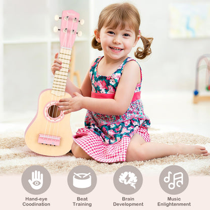 Vanplay Kids Guitar Set for Girls - Toys for 2 3 4 Year Old Girl Birthday Gifts - 7 in 1 Wooden Montessori Musical Instruments with Ukulele/Tambourine/Maracas/Flute for Toddler 2-5(Pink)
