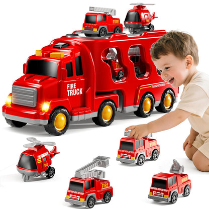 KIZONLY Fire Truck Toys for Toddler 1-3 3-5, 5-in-1 Fire Car Carrier Vehicle Set for Girls 1 2 3 4 5 6 Years Old, Transport Car with Light Sound, Birthdays Gifts for Kids Girls Aged 3-9