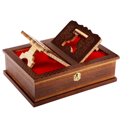 Yalikop Wooden Rehal Box Beautifully Holy Book Stand Box Quran Bible Holder Foldable Ramayan Stand Religious Rehal Display Decor for Geeta GURU Granth Sahib Prayer Holy First Communion