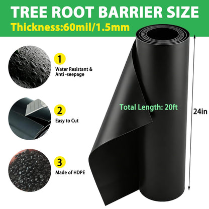 West Bay 20ft x 24in x 60mil Tree Root Barrier, Heavy-Duty Bamboo Root Barrier Weed Blocker for Landscape Tree Ring Edging Garden Borders Driveway and Sidewalk Protection Roads