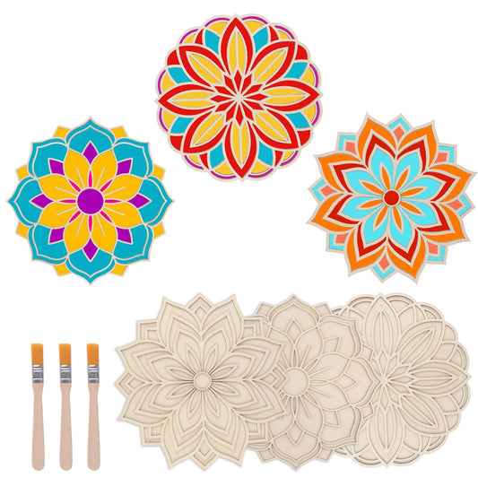 HICOHAND Wooden Mandala Sand Art Set, 3PCS Floral Indian Rangoli Stencils Wooden Mandala DIY Crafts for Indian Traditional Festival Home Decorations