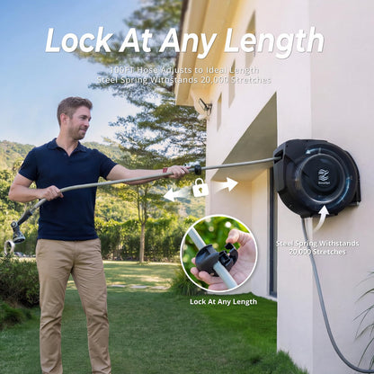 BREEZEREEL Retractable Garden Hose Reel 5/8"x100ft, 3-Ply Reinforced, High-Flow, Any Length Lock, 180° Swivel Bracket, Heavy-Duty Aluminum Mount, Slow Retract, Auto-Layer, 10 Spray Nozzle