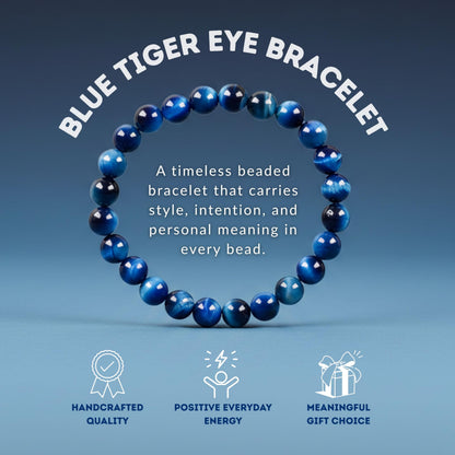 Cherry Tree Collection Jade Blue Tiger's Eye Beaded Bracelet – Genuine 8mm Gemstone Stretch Bracelet for Men & Women – Handmade Crystal Bracelet - (Jade Blue Tiger's Eye - M)