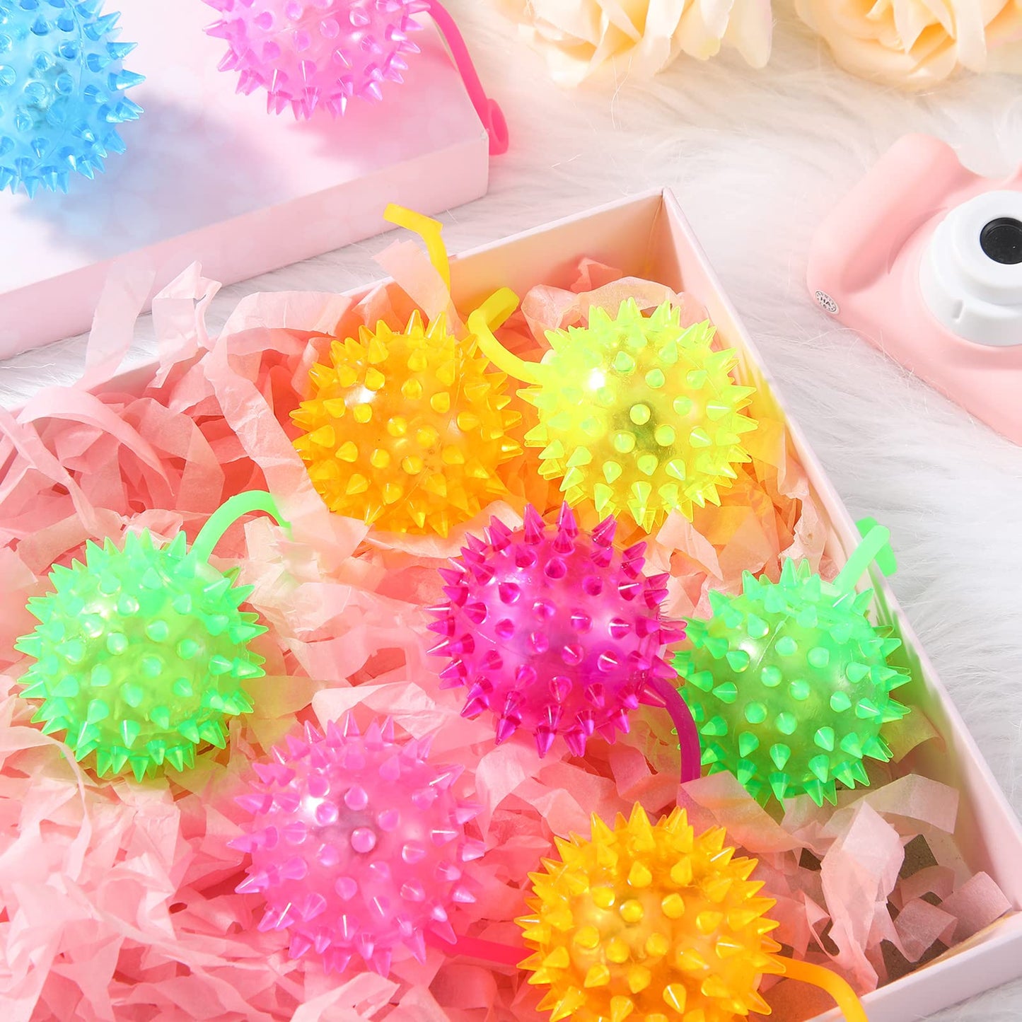 Sotiff 60 Pcs Light up Ball Spiky LED Bouncy Ball Flashing Squeaky Multicolor Puffer Toy Rubber Sensory Toy Carnival Prizes Bulk Party Favors for Teens, Adults, Children